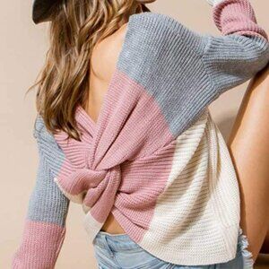 Women's Main Strip Striped Knot Back Sweater in Mauve Size Small